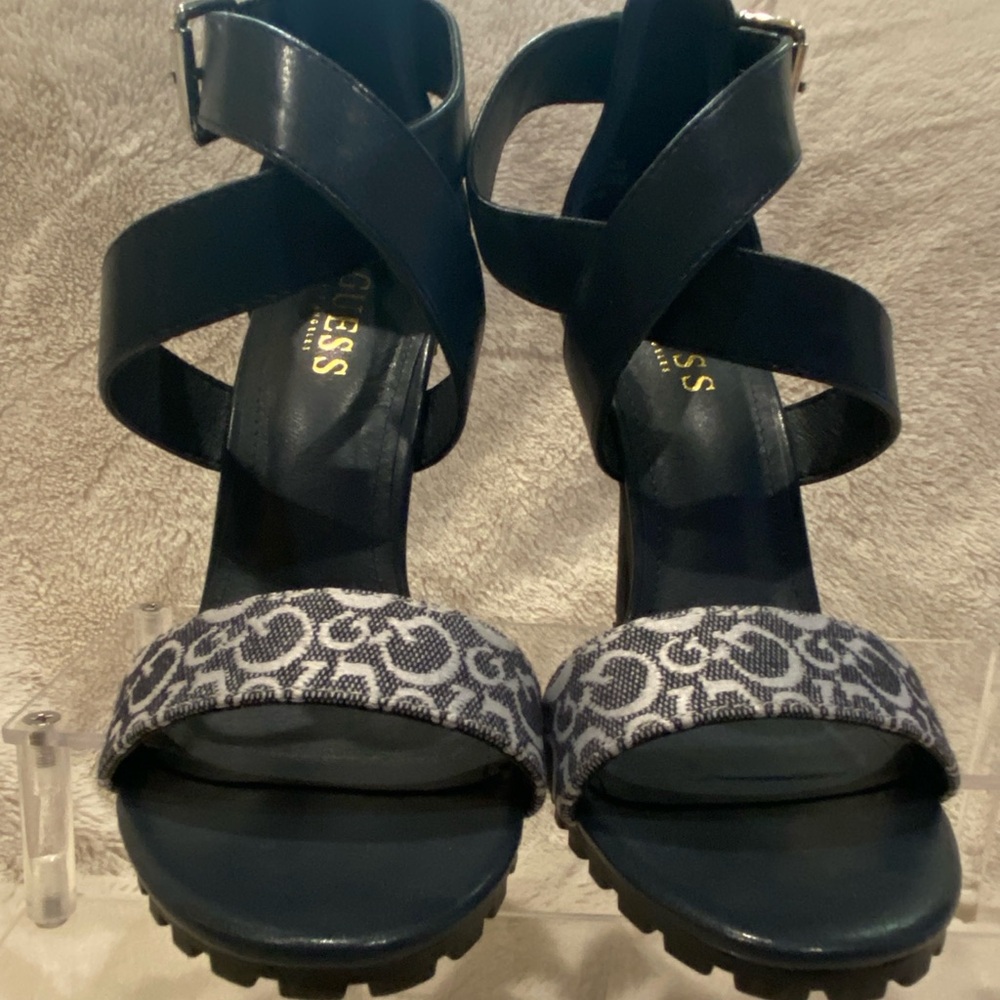 Guess Ankle Cross-Strap Slingback Ultra High Stiletto Heels Navy Blue Size 7 EUC